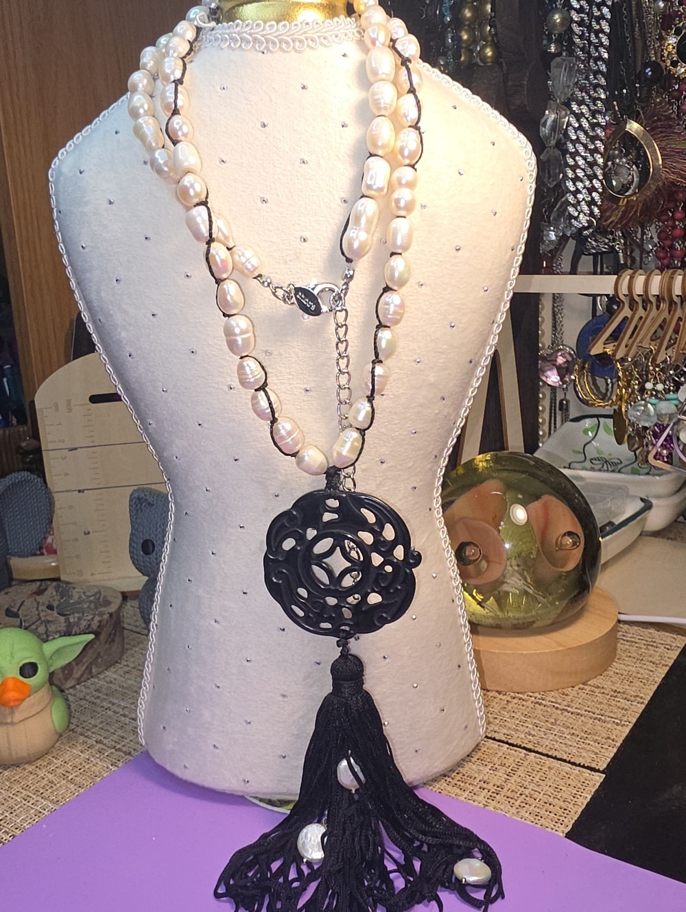 Chico's White Pearl Necklace with Black Carved Pendant and Tassel